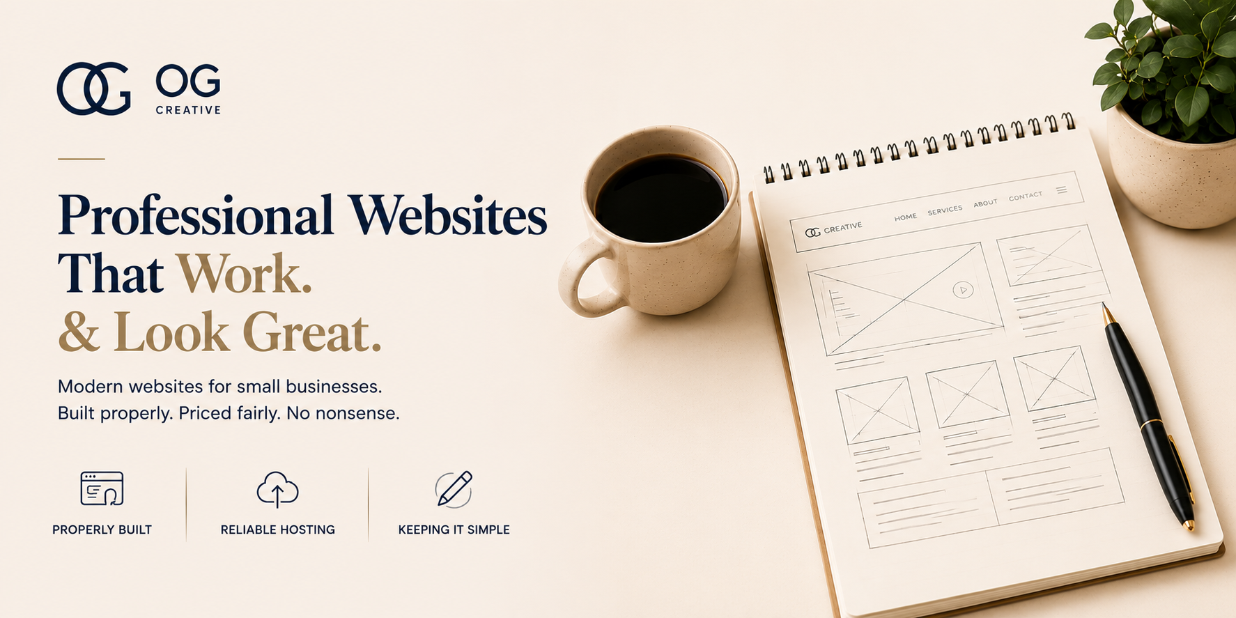 Professional website wireframes sketched in a notebook beside a coffee cup
