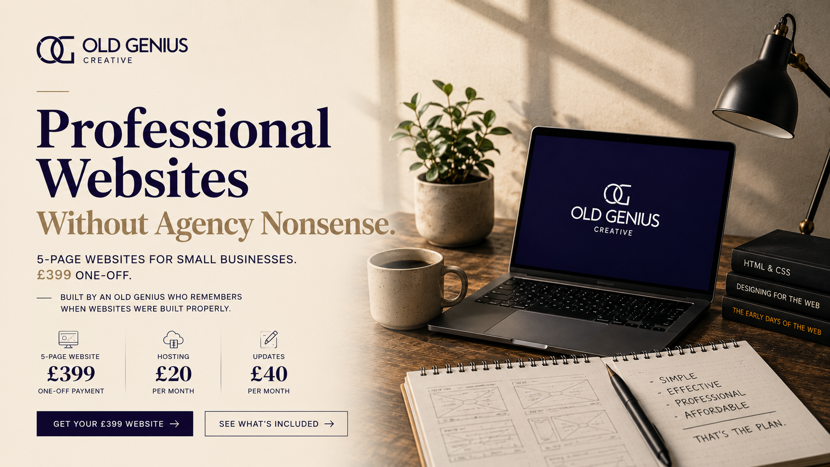 Old Genius Creative contact artwork showing a website offer and laptop mock-up